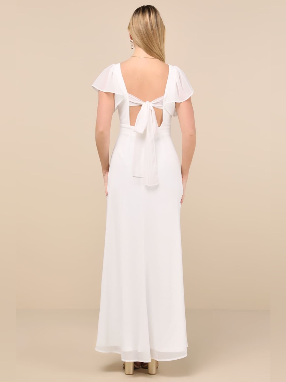 Lulus Simply Delightful White Tie-Back Flutter Sleeve Maxi Dress size M - Picture 3 of 5